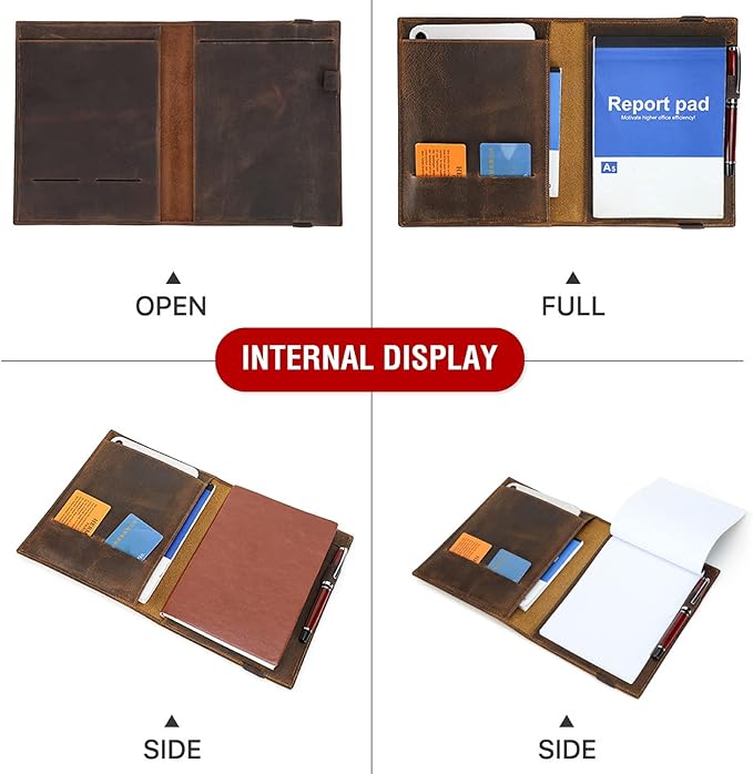 Top Grain Leather 8.3" Padfolio for Men & Women, Handmade Vintage Design, Multi-Functional Business Portfolio Organizer, Compatible with Cards/iPad Mini/Pen/A5 Size Document, Coffee 8.3 Inch