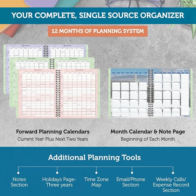 Planner Pad Spiral Bound January-December 2026/ Calendar Year 6 3/4" x 8 1/2" Medium 3-Tier Funnel Down 12 Month Organizer, Seasonal Color Ink