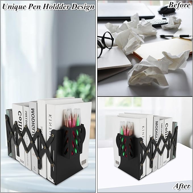 SHUESS 2 Pack Adjustable Bookends Expandable Metal Bookends for Heavy Books, 2 Dividers, Heavy Duty Book Ends to Hold Books with Pen Holder for Office, School, Bookstore, Home