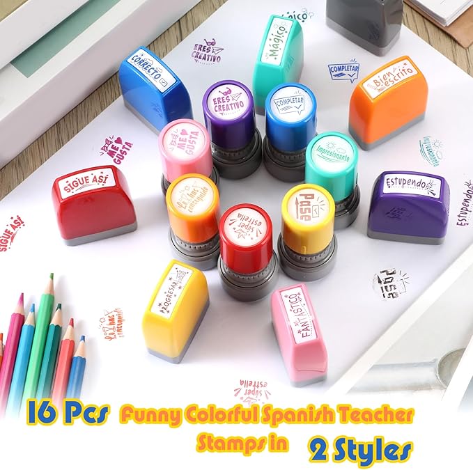 Jetec 16 Pcs Spanish Teacher Self Inking Stamps Teacher Gifts Motivation Grading Stamps for Signature Homework Reward Supplies(Rectangular + Round)