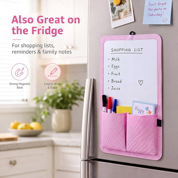 Briwooody Magnetic Locker Organizer 7.8 x 12.6 Inch Locker Accessories Magnetic White Board with Holder Bag Back to School Holder Bag First Day of School Supplies for Cabinet Refrigerator(Light Pink)