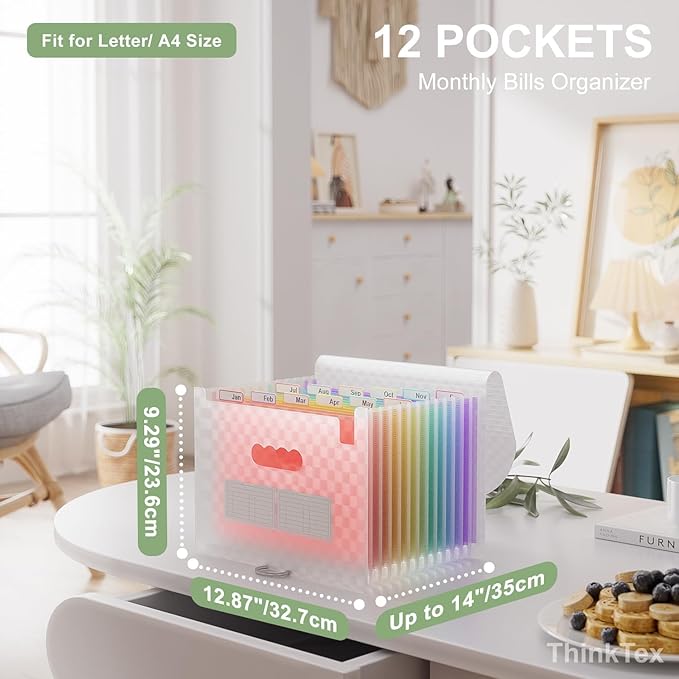 ThinkTex Accordion File Organizer, 12 - Pocket Expanding File Folders for Paper Receipts, Bills & Taxes Organizer, Letter/A4 Size Document Holder for School, Office, Home with Colorful tabs- Pink