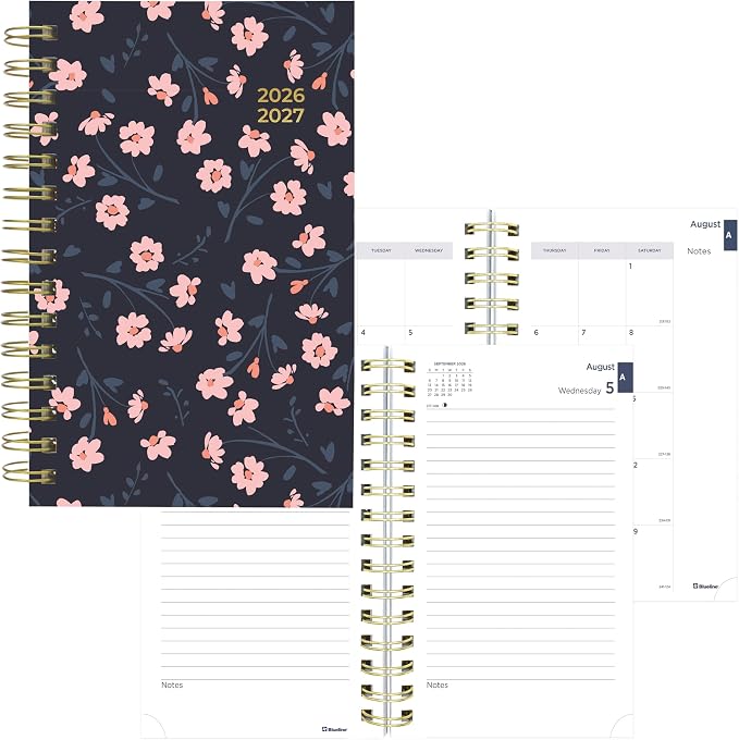 Blueline® Essential Academic Daily/Monthly Planner, August 2026 to July 2027, Twin-Wire Binding, Poly Cover, 8" x 5", Blossom Design, Pink (CA214PG.02)
