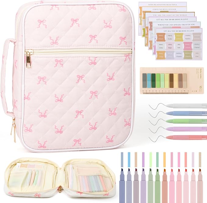 Bible Cover Case for Women Large Quilted Bible Carrying Bag with Handles Bible Study Supplies & Accessories Christian Gifts for Women(Cotton-Bow, M)