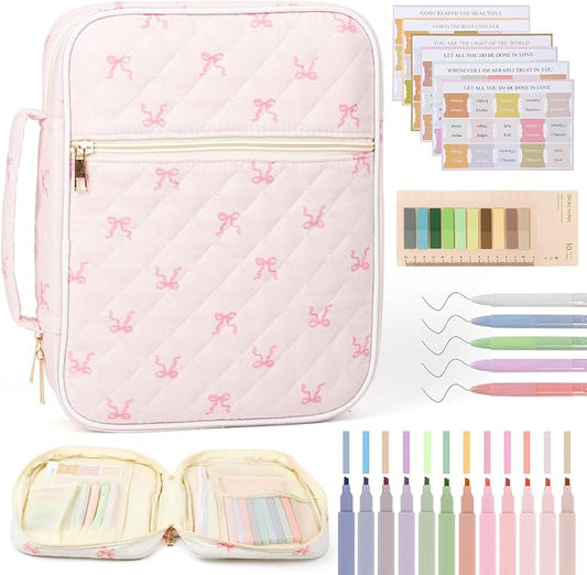 Bible Cover Case for Women Large Quilted Bible Carrying Bag with Handles Bible Study Supplies & Accessories Christian Gifts for Women(Cotton-Bow, M)