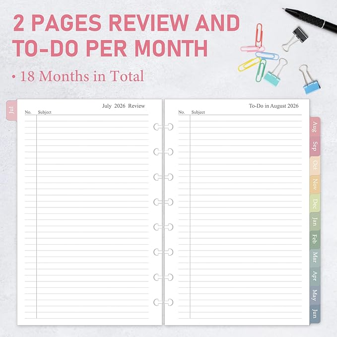 2026-2027 Monthly Planner Refill, Jul. 2026 - Dec. 2027, A5 Medium Size Planner Inserts for 8-Disc Discbound, 5.5"x8.5", 18 Monthly Calendars with Colorful Laminated Tabs
