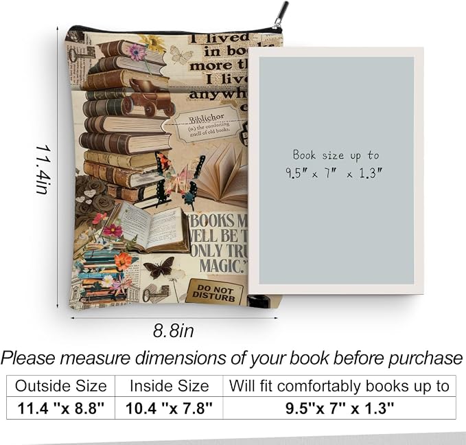 Vintage Book Sleeve, Book Lovers Gifts Sleeve with Zipper & Front Pocket, 11.4x8.8 Inch Canvas Books Cover Protector Bookish Bible Gifts for Readers Librarian Women Teacher