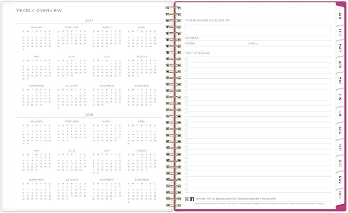 Blue Sky Kelly Ventura 2027 Weekly and Monthly Planner Calendar, January 2027 - December 2027, 8.5" x 11", Flexible Cover, Laminated Tabs, Durable Twin Wire Binding, Storage Pocket, Includes Sticker Sheet, Magenta Blooms