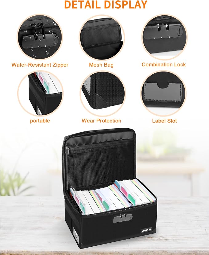 JUNDUN Index Card Holder with Lock,Collapsible Fireproof Index Card Box fits 1200 5x8-Inch Flash Cards - Business, Recipe, or Note Card Storage Boxes - Black