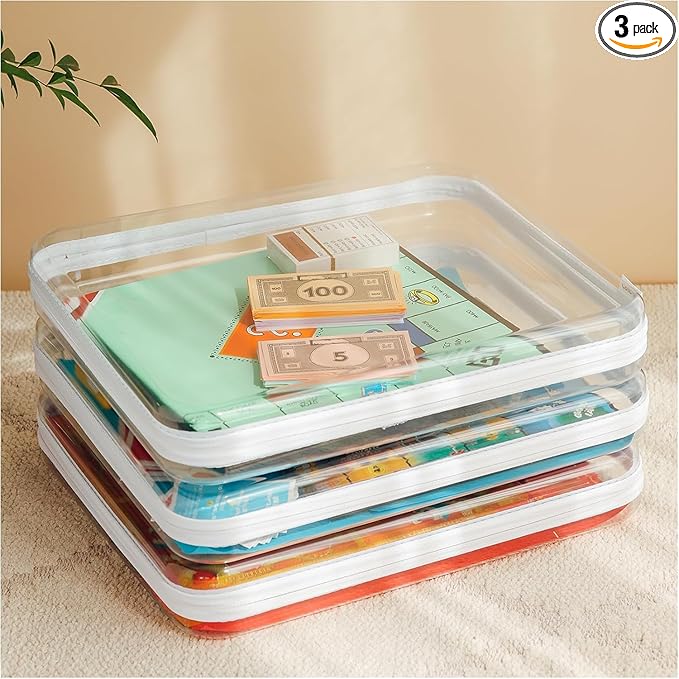 CoiiJoii Board Game Storage,Extra Large Clear Hard Shell Case with Zipper, 3 Packs Board Game Organizer and Storage for Games Puzzle Magazine A4 Paper Craft Hobby Art Supplies