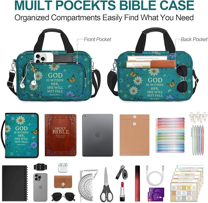 Daisy Bible Cover Case for Women, Vintage Floral Large Bible Bag Carrying Case, Bible Study Supplies Bible Journaling Kit Book Carrying Case with Bible Highlighters Tabs Pens Cross Clips