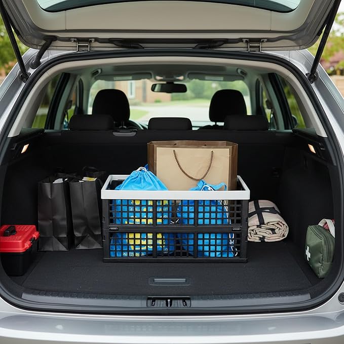 2 Pack 42 L Stackable Plastic Folding Crate, Plastic Collapsible Storage Basket, Organizer Bin for Car Trunk, Home, Office, Grocery, Clothes