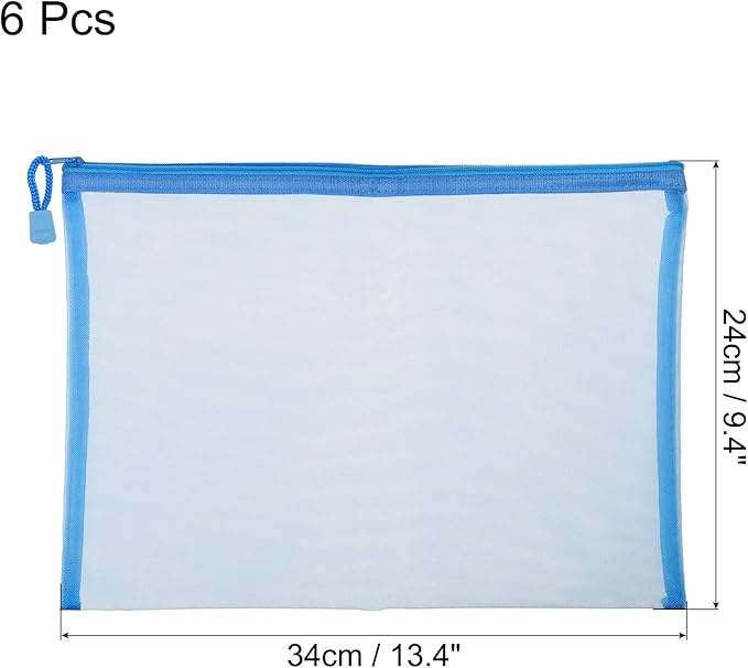 MECCANIXITY Mesh Zipper Bags, A4 Nylon Zip Pouch Pencil Case Storage Pockets for Travel Office Accessories, Sky Blue Pack of 6