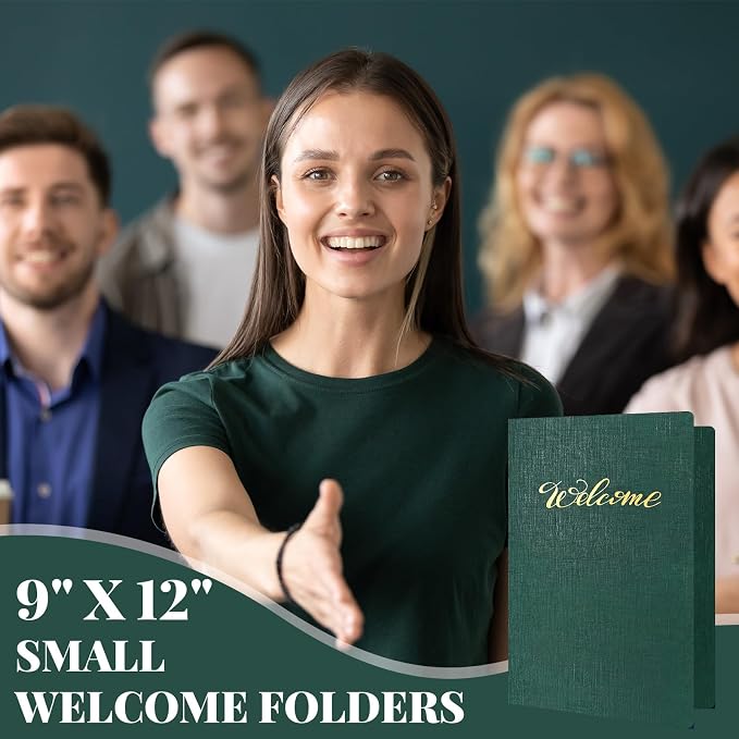 Affrolling 50 Pack 6 x 9 Inch Welcome Pocket Folders Church Visitor Welcome Folder Presentation Folder Employee File Folders for Weddings, Party, Conference, Seminars, Bar Mitzvah (Dark Green Linen)