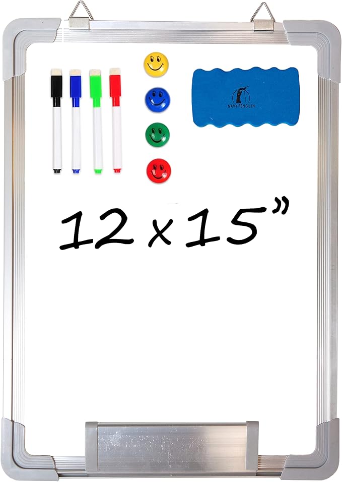 Whiteboard Set - 12 x 15 in Dry Erase Board with 1 Magnetic Dry Eraser, 4 Dry Wipe Markers and 4 Magnets - Small White Board Wall Hanging Marker Board for Home and Office (12x15)