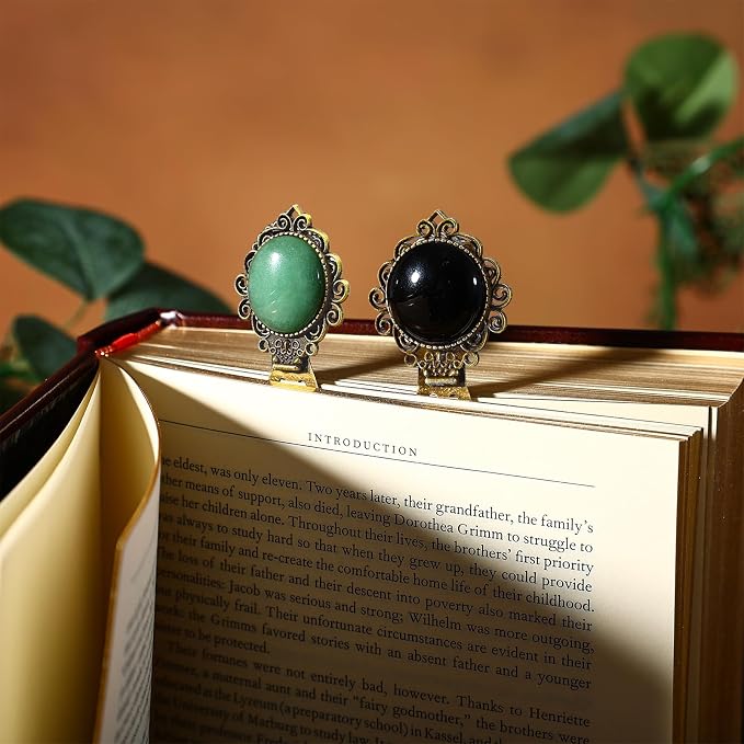 2Pcs Black Obsidian&Green Aventurine Bookmark with Natural Crystal Stone - Vintage Brass Metal Bookmarks for Reading Women, Men, Book Lovers, Girls and Teachers Book Marks(Black Onyx&Green Jade)