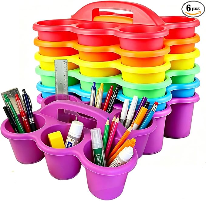 6 Pack Classroom Caddy Organizer with Handle Multicolor Plastic Table Caddy 6 Compartments Storage Cup Holder for School Supplies Art Crafts Crayons Pencils Stackable Desk Caddy for Office