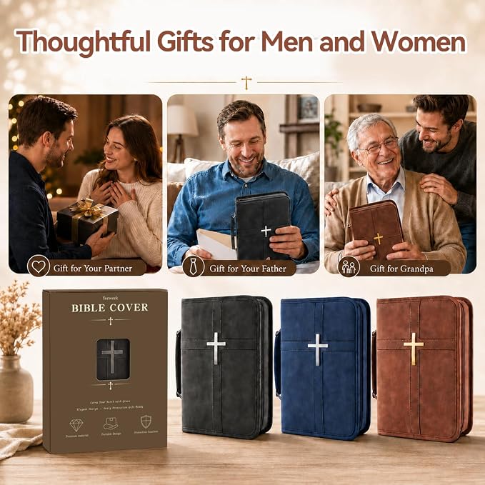 Bible Cover for Men and Women, PU Leather Large Bible Bag with Handle & Shoulder Strap, Bible Carrying Case with Cross Design and Pockets for Church, Bible Study & Christian Gifts, Brown