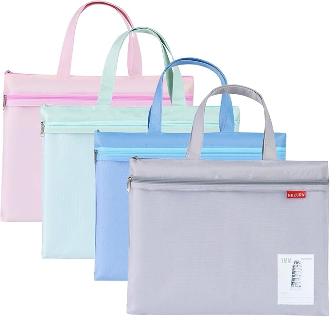 Mesh Zipper Pouch 11x13.7 in, 4pcs A4 Double Pocket Waterproof File Bag with Handle, Document Storage for School/Travel/Office/Puzzle