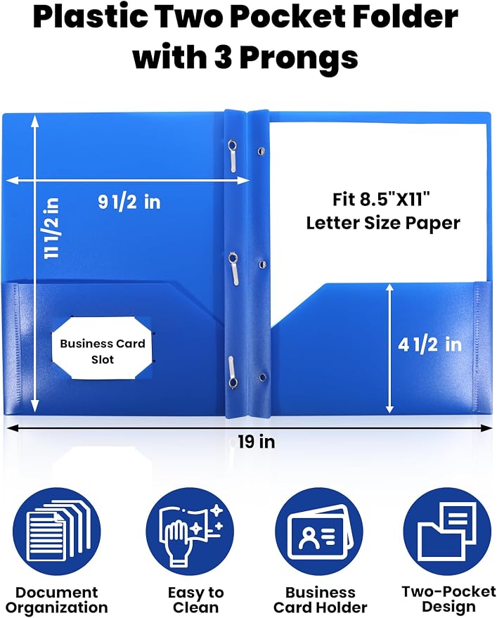 SUNEE 12-Pack Blue Plastic Folders with Pockets and Prongs, Letter Size, 9 x 11.5 in