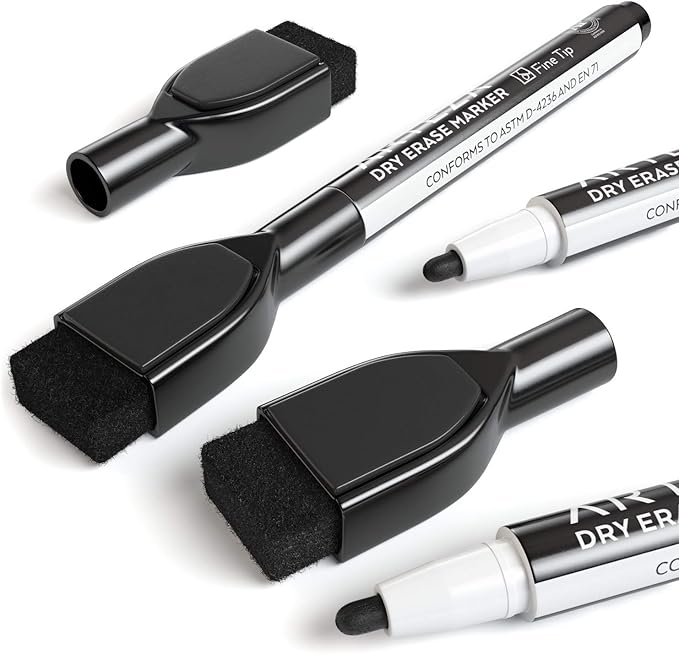 ARTEZA Black Dry Erase Markers with Erasers – Pack of 36 Magnetic Fine Tip Whiteboard Pens with Low-Odor Ink for Office & Home Use