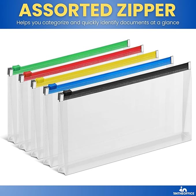 1InTheOffice Plastic Filing Envelopes with Zipper Closure, Moisture Resistant Envelope, Letter Size, Assorted Colors, Check Size (5 Pack)