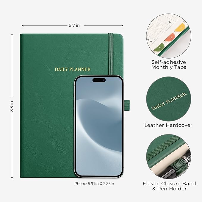 Daily Planner Undated, Appointment Book for Hourly, Daily and Monthly, 365 Days, One Page a Day, Medium Size (5.7" x 8.3"), Leather Hardcover, 12 Self-adhesive Monthly Tabs (Dark Green)