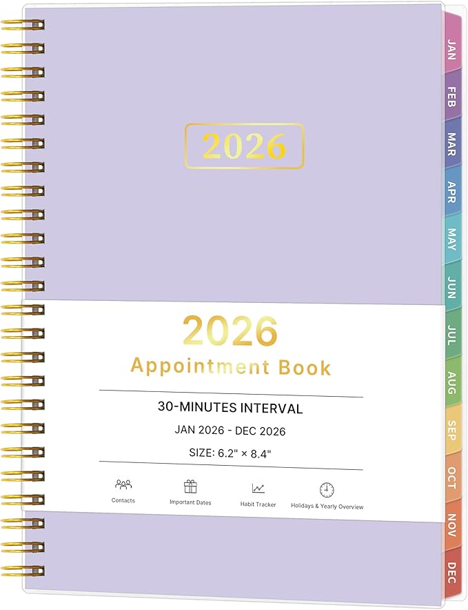 2026 Appointment Book, 30 Minutes-Hourly, Weekly ＆ Monthly Calendar Planner 2026, Jan 2026 - Dec 2026, 6.2'' x 8.4'', 2026 Daily Planner with Tabs ＆Pocket, Flexible Cover, Great for Office, Home, School