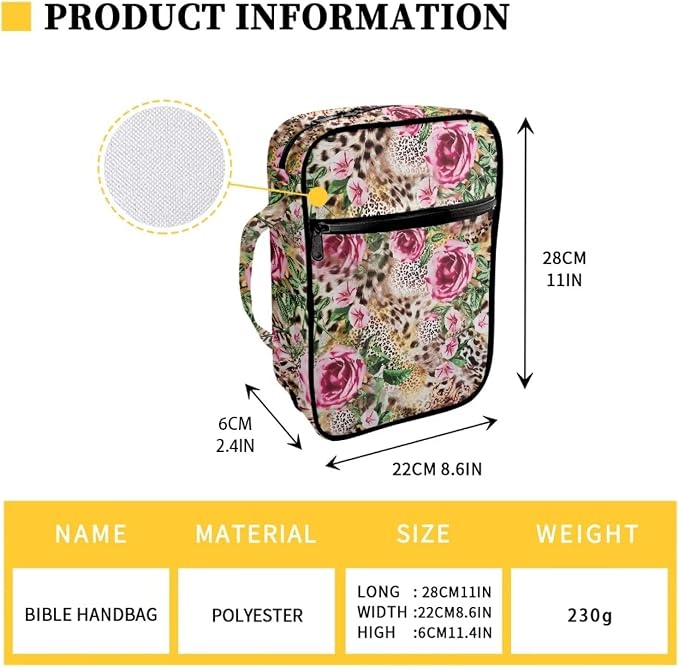 Coldinair Rose Flower Bible Cover for Men Leopard Bible Case Handbag for Women Larger Bible Bags Totes Carrying Case with Handle Travel Bible Accessories for Women, Cheetah Brown, Pink Flower