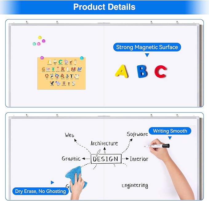 Magnetic White Board Dry Erase Board for Wall，48" x 46" (4ft x 3ft) Wall-Mounted Aluminum Frame Marker Board, Foldable Portable Whiteboard with a Long Pen Tray for School, Classroom, Office & Home