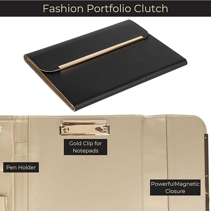 BLU MONACO | Black Vegan Leather Portfolio Binder for Women | Professional Padfolio with Magnetic Closure & Gold Trim | Business Organizer Case for Documents & 8.5 x 11 Notepad