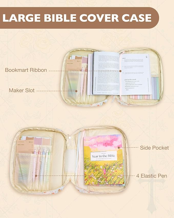 Initial Bible Cover Case for Women Girls Kid Large Bible Cover with Durable Handle Quilted Bible Carrying Case for Girls Bible Study Supplies Accessories (Spliced Flower R, one Size)