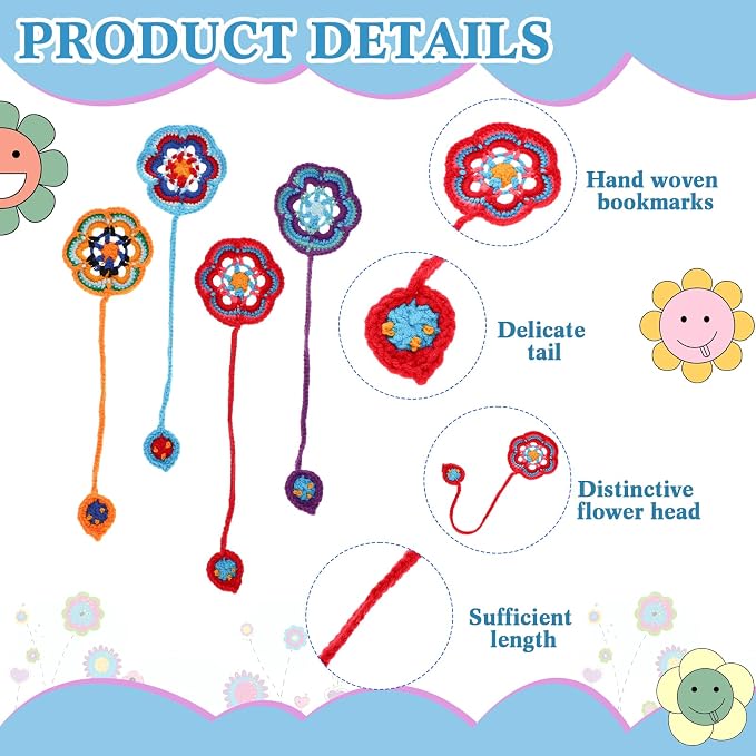 Harloon 4 Pieces Book Lover Gifts Flowers Crochet Bookmarks Handmade Knitted Book Marker Curtain Tiebacks Holdbacks Car Ornaments for Readers Writers Library(Classic)