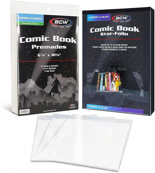 BCW Comic Book StorFolio Kit – Includes Magnetic Comic StorFolio + 50 Current Premade® Resealable Comic Book Bags and Boards | Comic Book Carrying Case & Storage Organizer