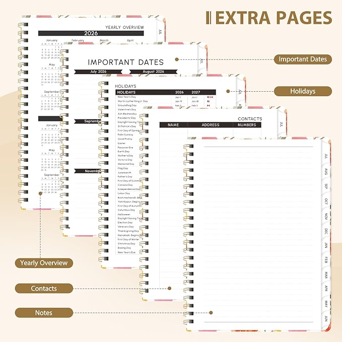 Academic Planner 2026-2027, Weekly and Monthly Agenda Planner, Daily Calendar Planning Notebook (July 2026 - June 2027), School Teacher Student Supplies, Painted Flowers