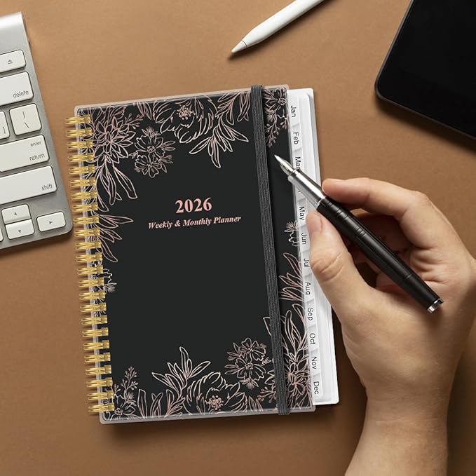 2026 Planner - Weekly Monthly Planner Spiral Bound from January 2026 to December 2026, Planner 2026 with 12 Monthly Tabs, Inner Pocket, Elastic Closure, Black Flowers