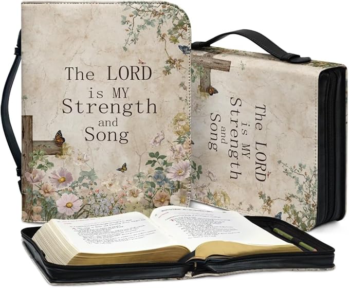 Vintage Floral and Cross Bible Case with Bookmark Waterproof Bible Cover Case for Women Lightweight Bible Bag with Handle Pockets Church Book Bag Beige