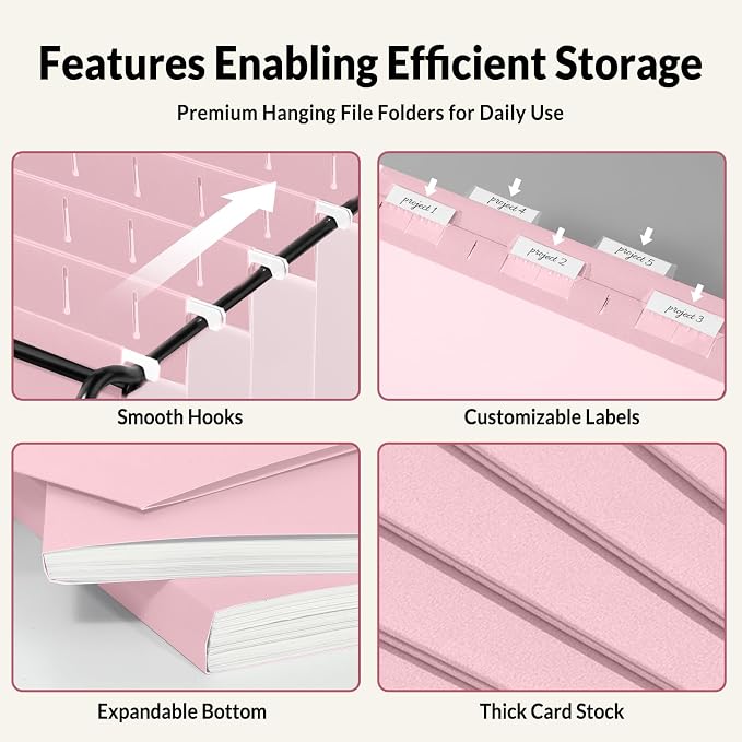 SUNEE Hanging File Folders Legal Size, Pink File Folders 25 Pack 1/5-Cut Tabs, Stay Organized for Your Home and Office Bulk File and Documents