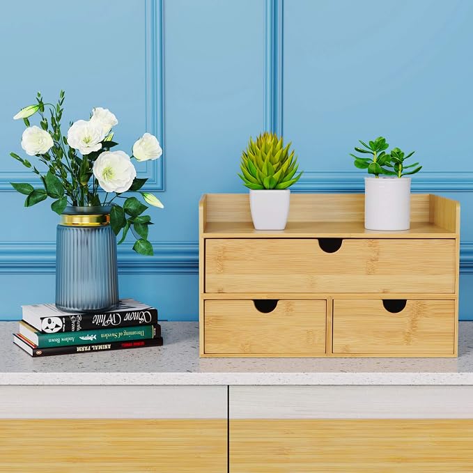 Desk Organizer with Drawers - Bamboo Desktop Organizers Storage | Wood Makeup Organizer for Bills, Office Supplies, Cosmetics, Seals, Kitchen Utensils, No Assembly Required