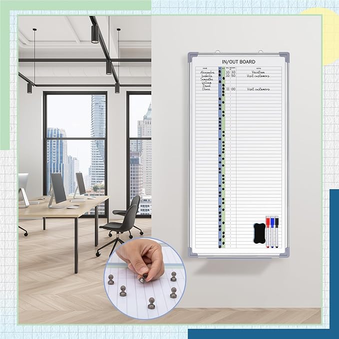 Lincia in and Out Magnetic Dry-Erase Board 36 x 18 Aluminum Framed White Board with Lines 53 Names with Magnetic Dry-Erase Marker, Eraser, and 55 Magnets Wall-Mounted for Office Employee
