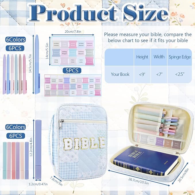 Bible Cover Case for Women, Large Chenille Letter Bible Bag with Handle, Carrying Bag with Tabs 6 Colored Pens 6 Highlighters, Back to School Study Supplies Christian Church Gifts, Blue Patch