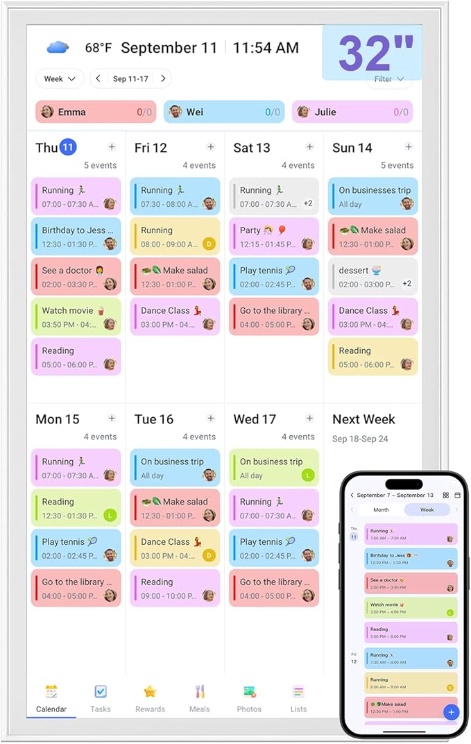 32 inch Smart Calendar Max, Digital Calendar & Chore Chart, Family Organizer with Interactive Touchscreen Display – Wall Mountable in Portrait or Landscape, Gifts for Women Men