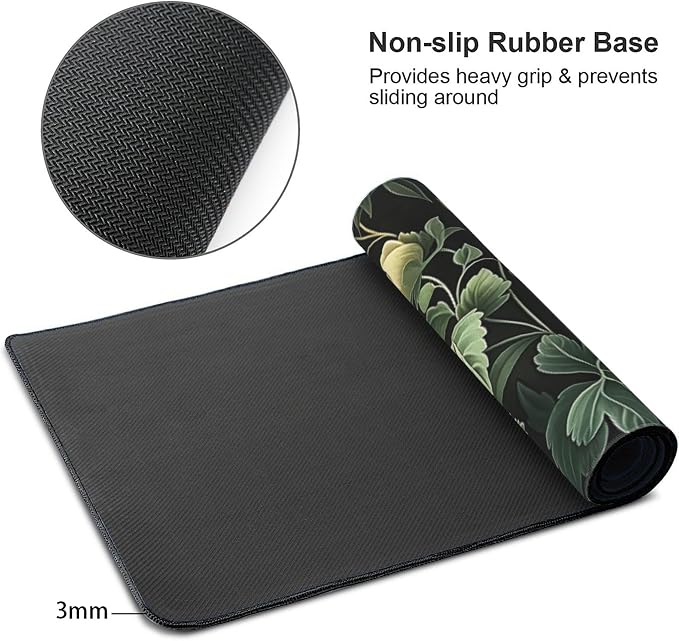 35.4" x 15.7" Dark Botanical Floral Extended Mouse Pad, Vintage Yellow Flower & Green Leaf Desk Mat with Non-Slip Base, Water Resistant for Gaming & Office