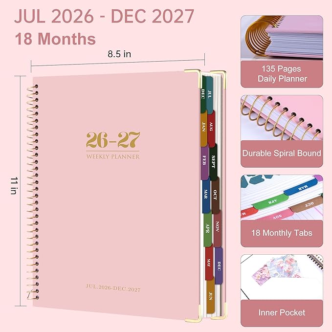 Yoment Planner 2026-2027 Weekly and Monthly 8.5"x11" Large Hardcover Planner from Jul 2026 - Dec 2027 18 Months Calendar Planners for Women Men Yearly Agenda Daily Weekly Planning with Tabs, Pink