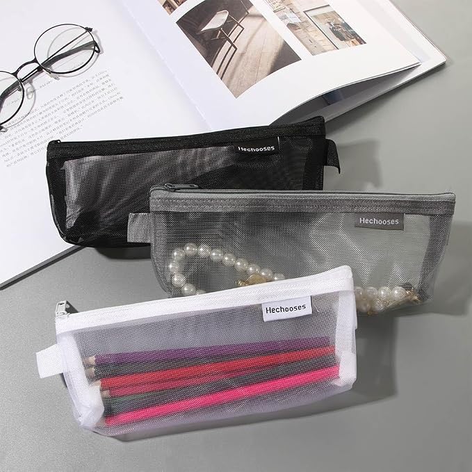 Pokinge 3Pcs Pencil Storage Mesh Pouch Transparent Net Yarn Nylon Pencil Case Portable Cosmetic Bag Stationery Organizer With Zipper For Travel