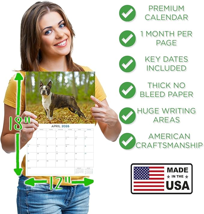 2025 2026 Boston Terrier Calendar - Dog Breed Monthly Wall Calendar - 12" x 18" Open - Thick No-Bleed Paper - Giftable - Academic Teacher's Planner Calendar Organizing & Planning - Made in USA