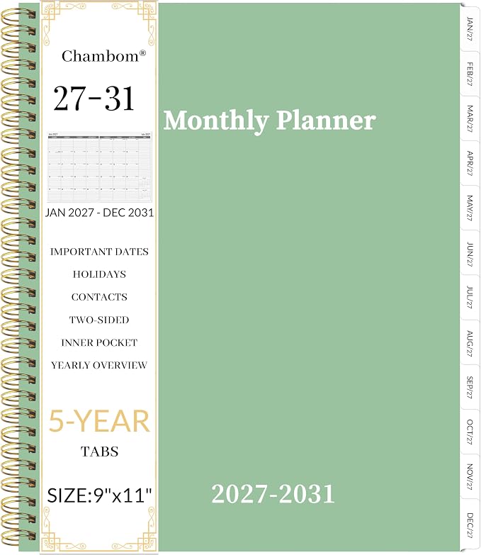2027-2031 Monthly Planner 5 Year Monthly Planner/Calendar 2027-2031, Jan 2027 – Dec 2031, 9" x 11", Tabs, Double-Side Pocket, Holidays, Thick Paper - Green