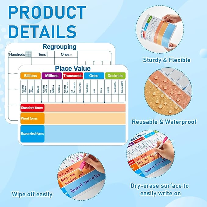 48Pcs Place Value Double Sided Cardboard for Students Dry Erase Sheets Billions to Decimal Numbers Whiteboard Math Regroups Manipulatives Supplies for Teacher Teaching Tool Portable Learning 12" x 9"