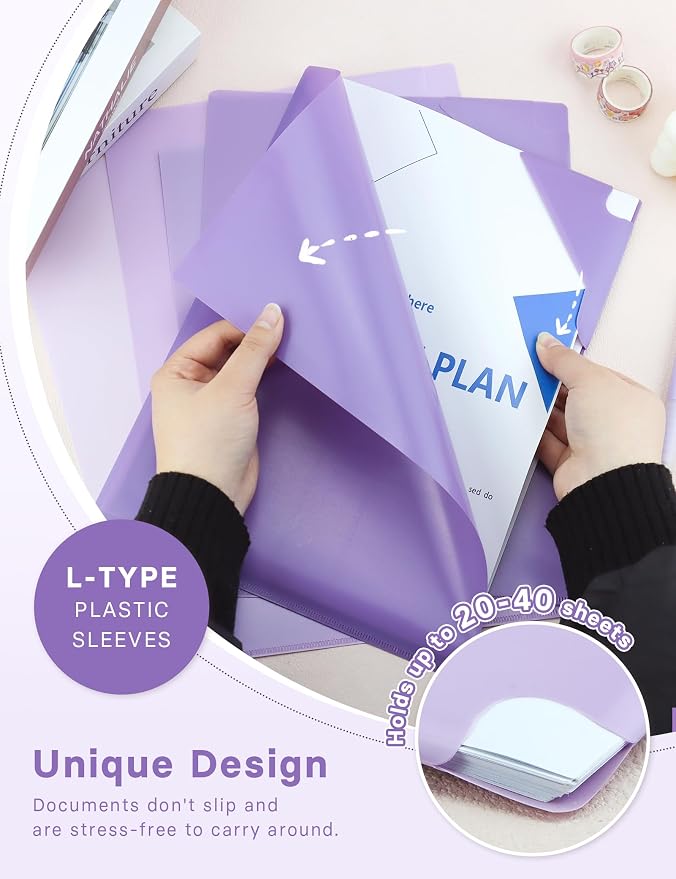 Plastic Folders Sleeves, Gradient Colors Plastic Project Pockets for Paper 11.9 × 8.5 Inches, Transparent Document Folders for School and Office Supplies (5 Pack, Purple)
