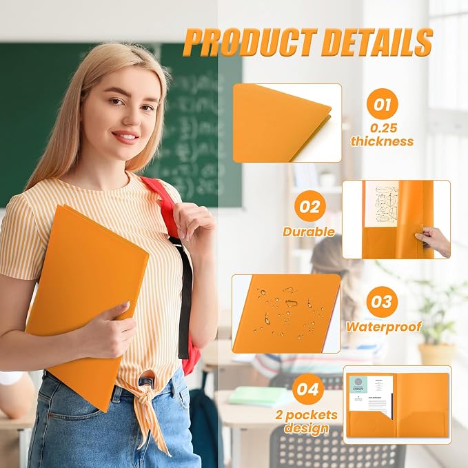 Gueevin 72 Pack Plastic Folder with Pockets, 2 Pocket Folders, Plastic Glossy Folders Fit Letter Size Paper, Heavy Duty Durable File Folder with Business Card for Home Office School (Orange)